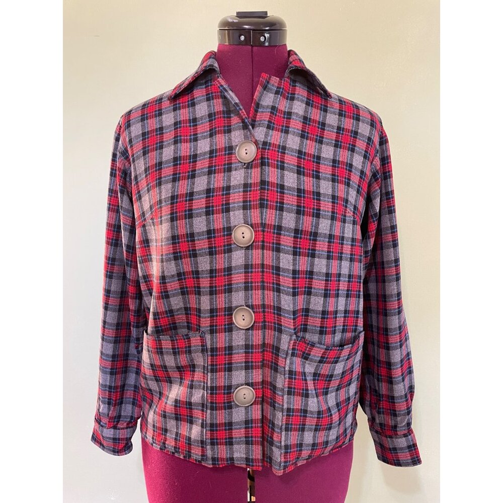 Vintage 50's Womens Shirt Jacket Plaid Red Front Pockets Sz M